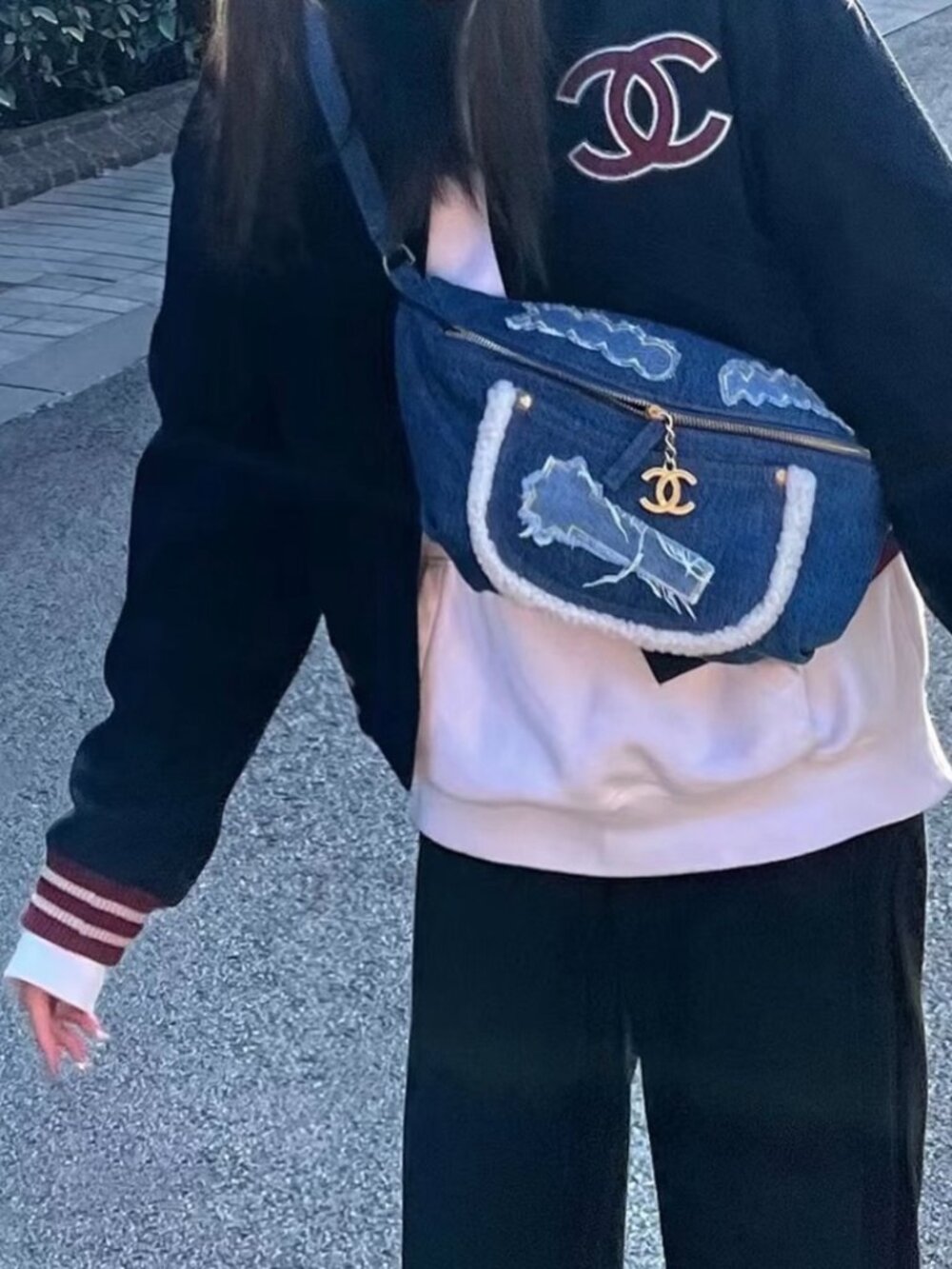 Chanel Denim Shearling Fur Waist Crossbody Bag White Blue Limited Edition